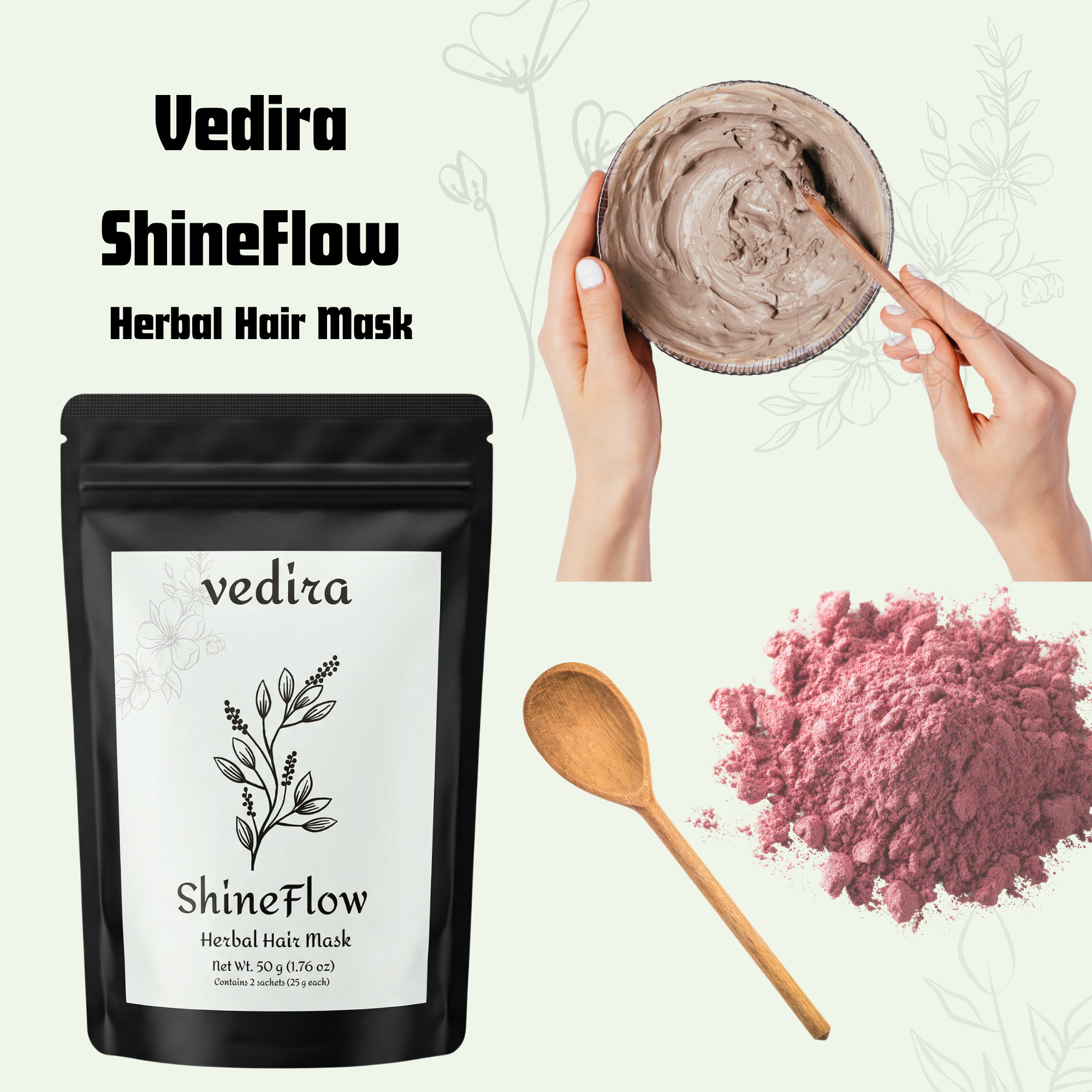 Vedira ShineFlow mixing ritual — bag, bowl and powder